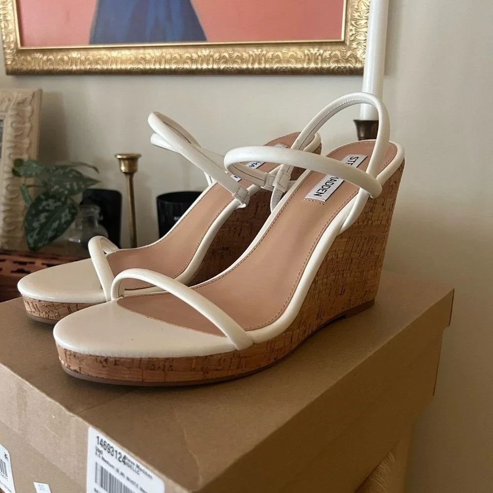 Steve Madden Udell‎ Leather Slip On Cork Wedge Slingback Sandals White NEW 9.5